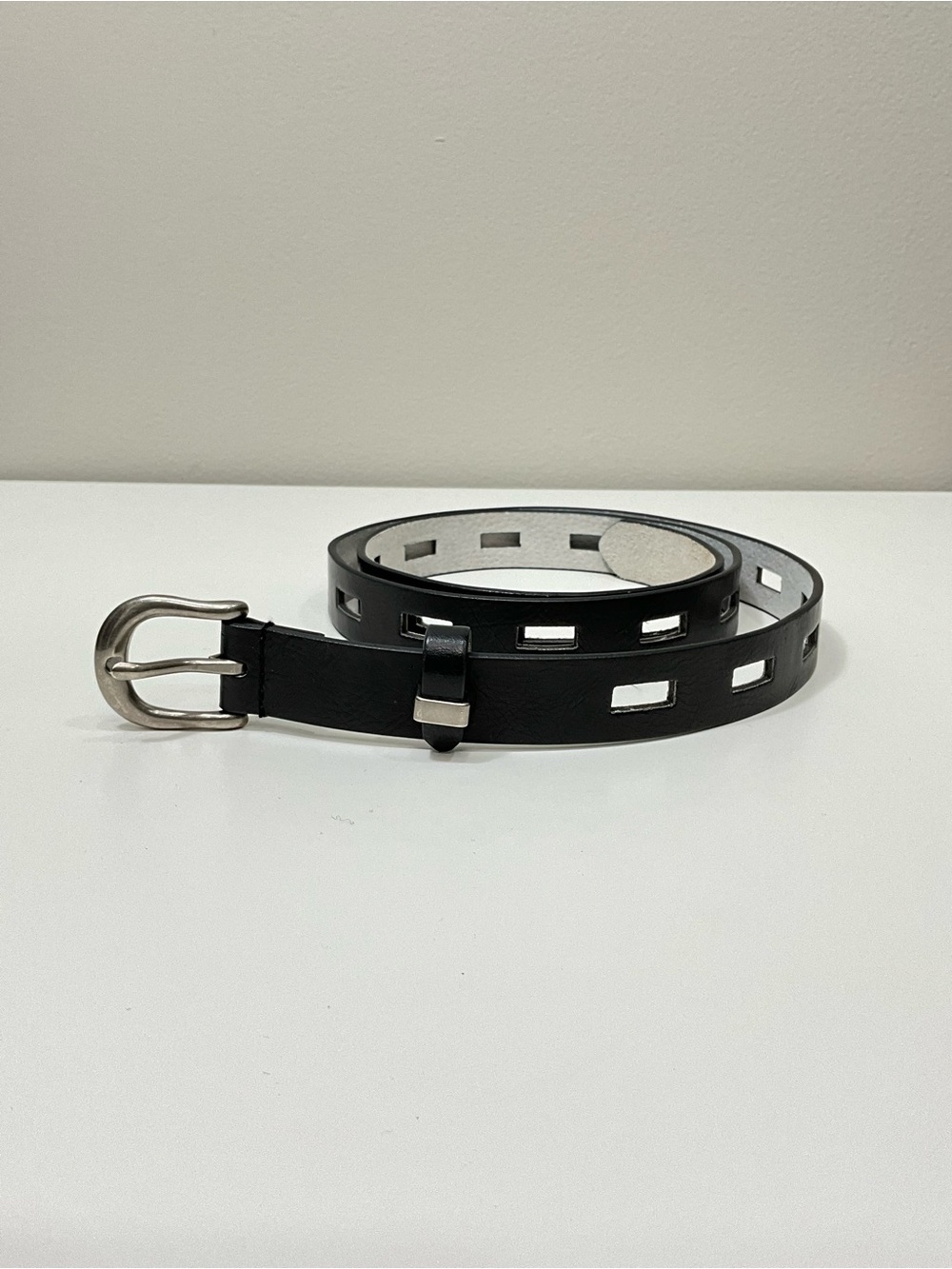 LODIS Black Leather Cutout Belt Silver Buckle Skinny Belt Made in Italy XL